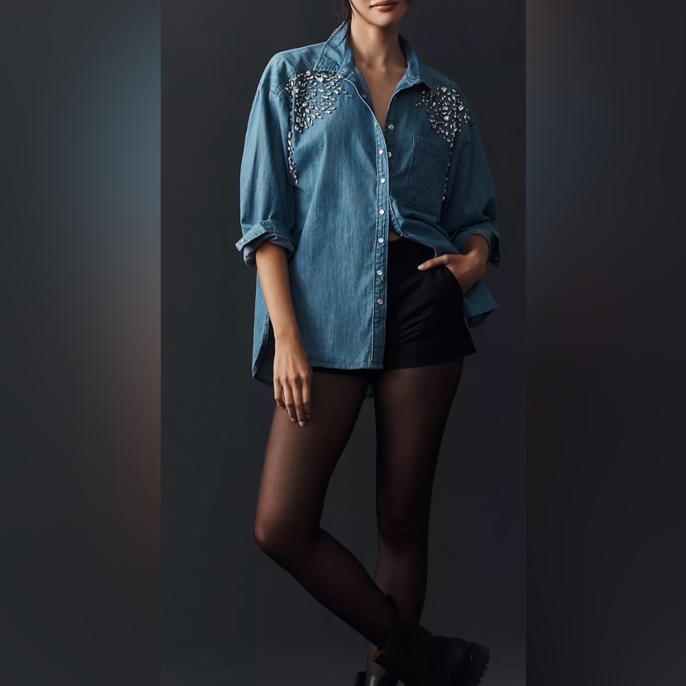 Anthropologie Pilcro Rhinestone Crystal denim shirt snap buttons  XS oversized
